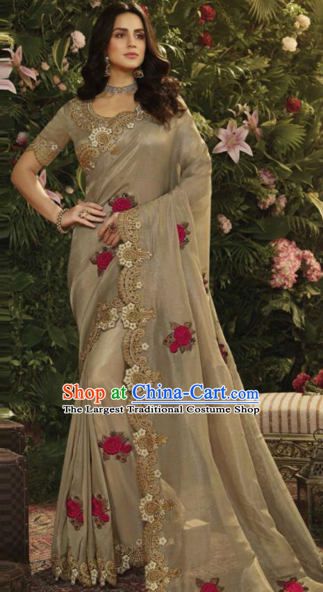 Asian Indian Court Princess Khaki Embroidered Satin Sari Dress India Traditional Bollywood Costumes for Women