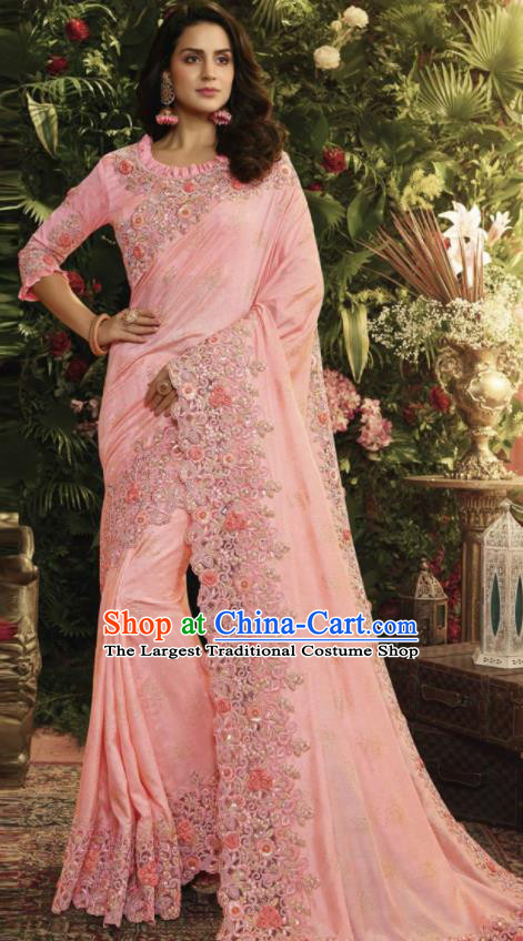 Asian Indian Court Princess Pink Embroidered Satin Sari Dress India Traditional Bollywood Costumes for Women