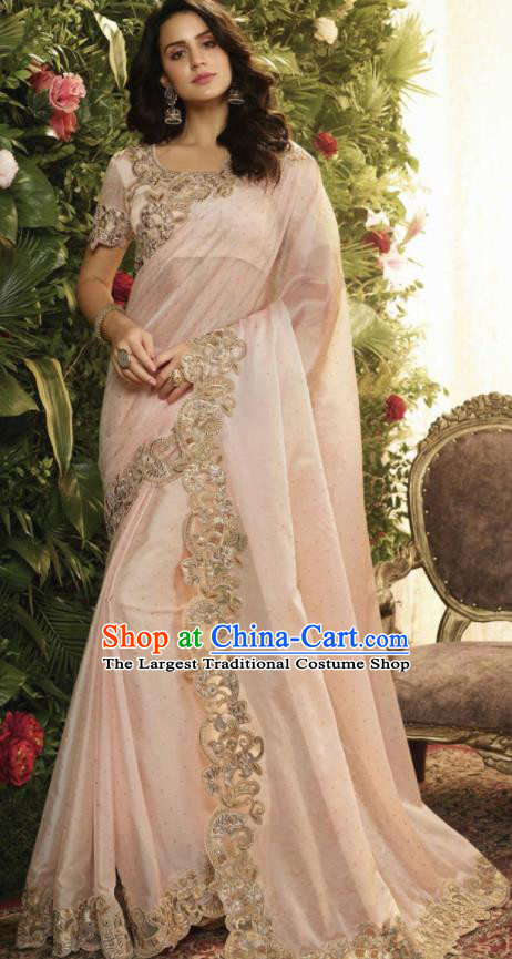 Asian Indian Court Princess Light Pink Embroidered Satin Sari Dress India Traditional Bollywood Costumes for Women