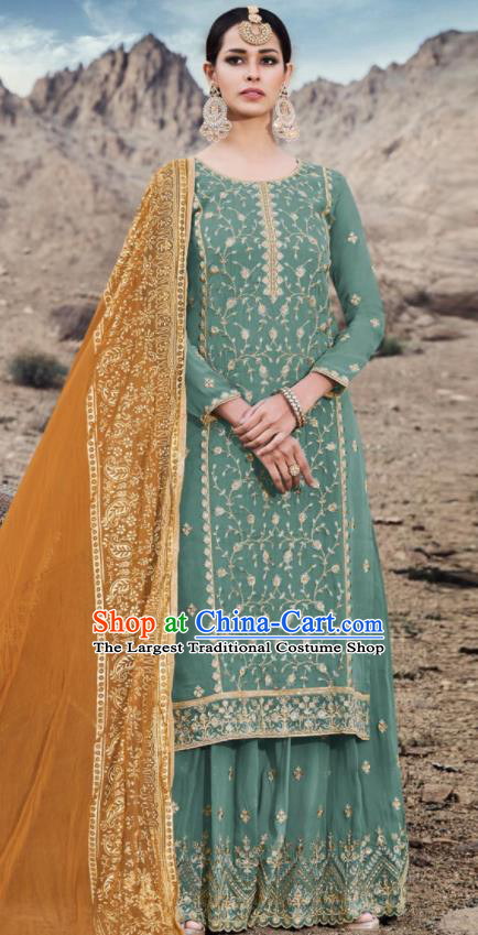 Asian Indian Punjabis Embroidered Green Georgette Dress India Traditional Lehenga Choli Costumes Complete Set for Women