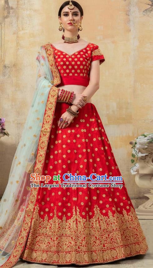 Asian Indian Bollywood Wedding Red Silk Dress India Traditional Bride Costumes for Women