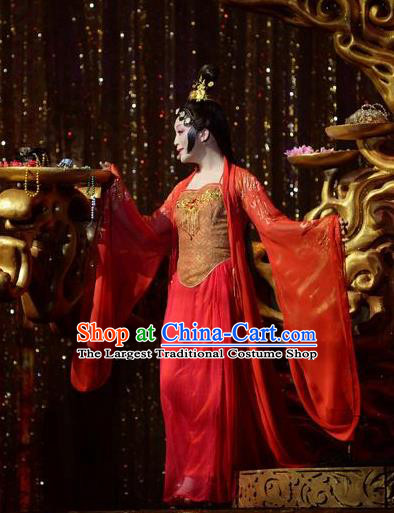 Chinese Zhaojun Chu Sai Ancient Court Princess Classical Dance Red Dress Stage Performance Costume and Headpiece for Women