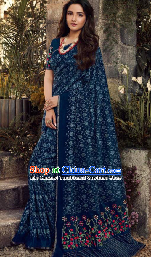 Asian India Traditional Sari Costumes Indian Bollywood Embroidered Navy Silk Dress for Women