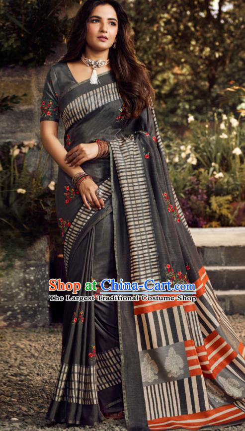 Asian India Traditional Sari Costumes Indian Bollywood Embroidered Grey Silk Dress for Women