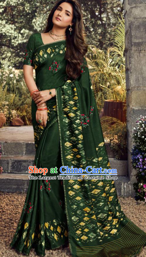 Asian India Traditional Sari Costumes Indian Bollywood Embroidered Deep Green Silk Dress for Women