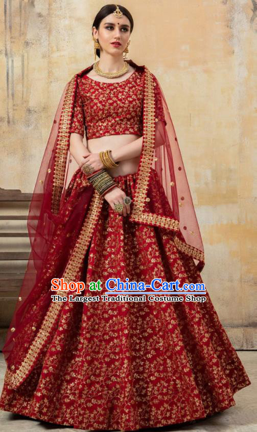 Asian Indian Bollywood Wedding Red Silk Dress India Traditional Bride Lehenga Costumes for Women