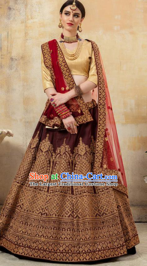 Asian Indian Bollywood Wedding Wine Red Silk Dress India Traditional Bride Lehenga Costumes for Women