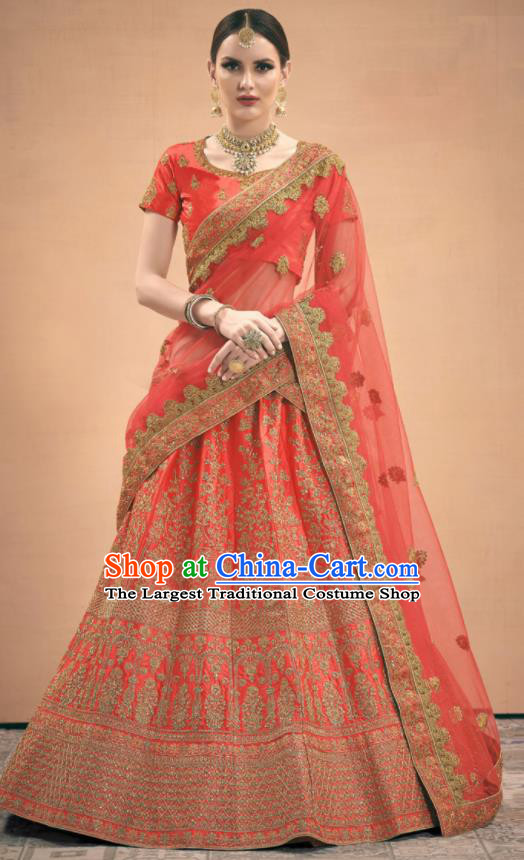 Asian Indian Bollywood Wedding Embroidered Watermelon Red Silk Dress India Traditional Bride Lehenga Costumes for Women