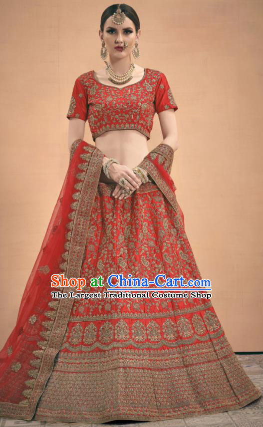 Asian Indian Bollywood Wedding Embroidered Red Silk Dress India Traditional Bride Lehenga Costumes for Women