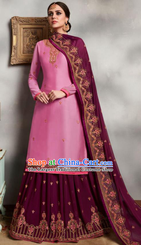 Asian Indian Punjabis Embroidered Pink Blouse and Purple Skirt India Traditional Lehenga Choli Costumes Complete Set for Women