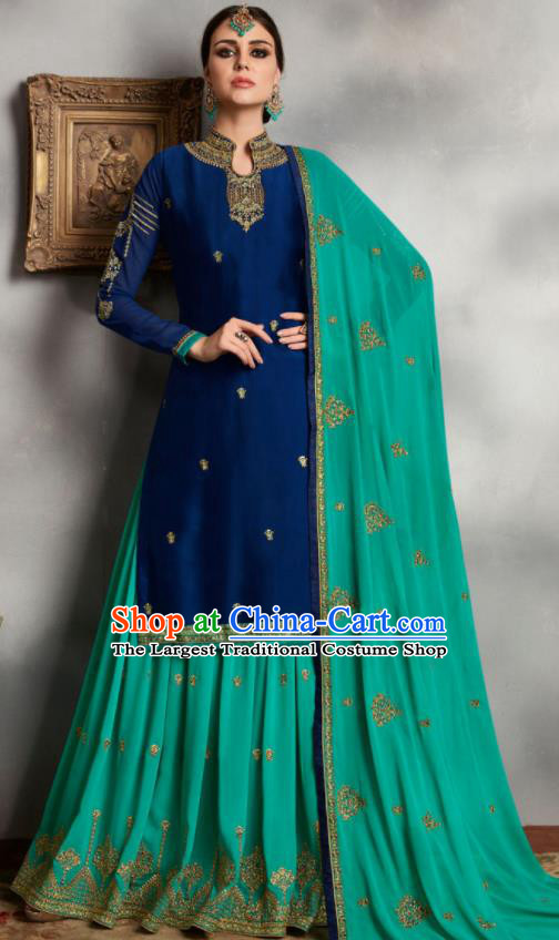 Asian Indian Punjabis Embroidered Royalblue Blouse and Green Skirt India Traditional Lehenga Choli Costumes Complete Set for Women