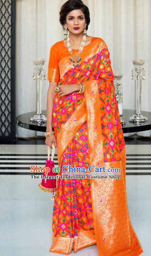 Asian Indian Orange Silk Sari Dress India Traditional Festival Bollywood Court Costumes for Women