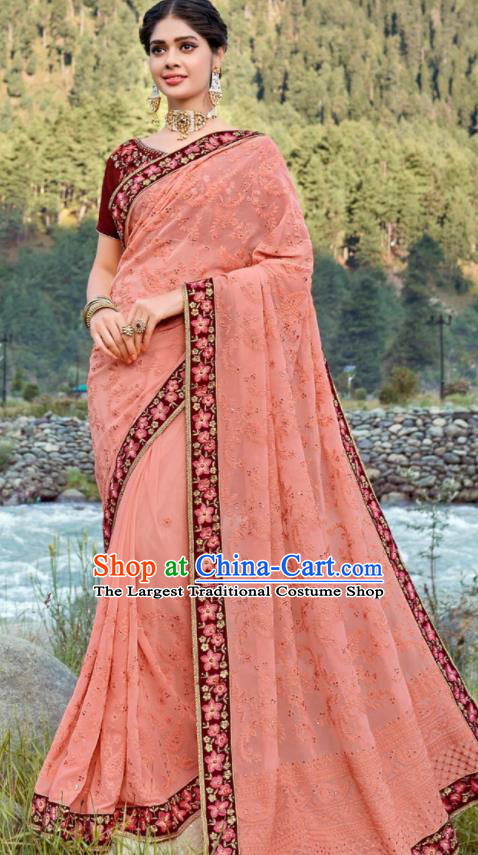 Asian Indian Embroidered Peach Pink Georgette Sari Dress India Traditional Bollywood Court Costumes for Women