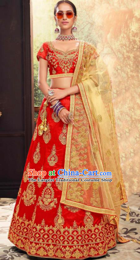 Asian Indian National Wedding Lehenga Red Embroidered Dress India Bollywood Traditional Costumes for Women