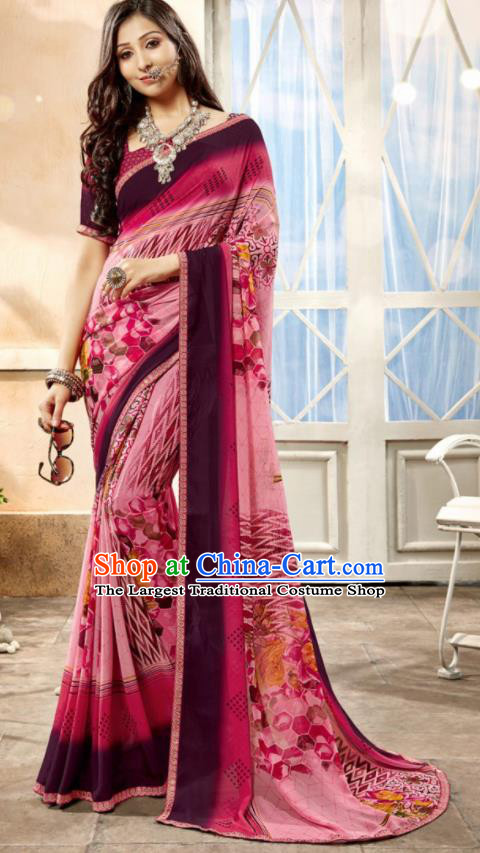 Asian Indian National Lehenga Printing Pink Georgette Sari Dress India Bollywood Traditional Costumes for Women