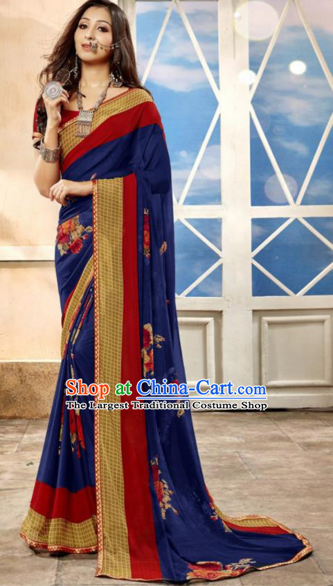 Asian Indian National Lehenga Printing Royalblue Georgette Sari Dress India Bollywood Traditional Costumes for Women