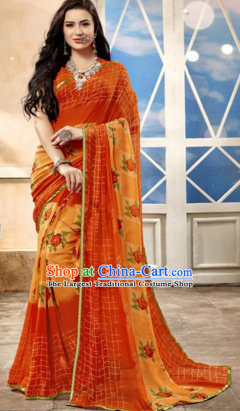 Asian Indian National Lehenga Printing Orange Georgette Sari Dress India Bollywood Traditional Costumes for Women