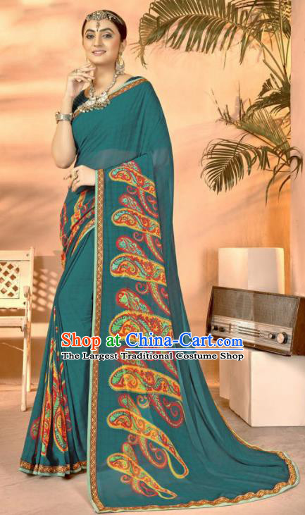 Peacock Green Georgette Asian Indian National Lehenga Printing Sari Dress India Bollywood Traditional Costumes for Women