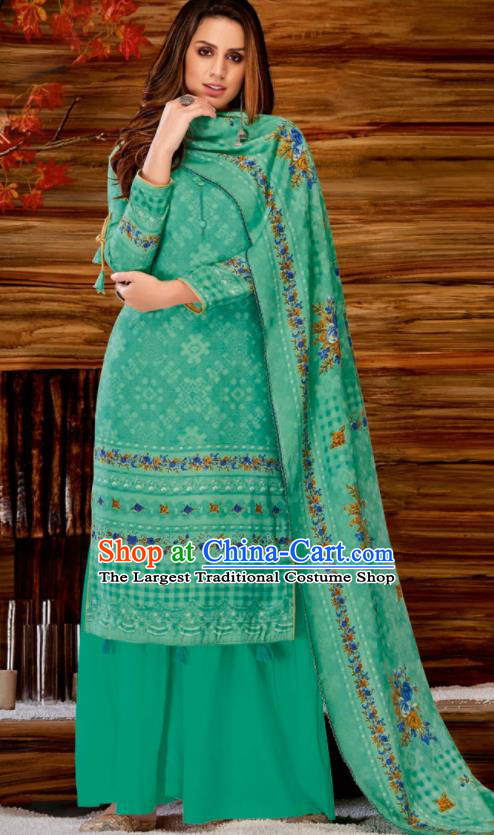 Asian Indian Bollywood Traditional Green Pashmina Blouse and Pants India Punjabis Lehenga Choli Costumes Complete Set for Women