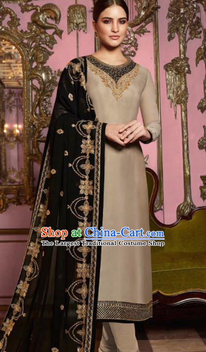 Asian Indian Punjabis Embroidered Khaki Satin Blouse and Pants India Traditional Lehenga Choli Costumes Complete Set for Women