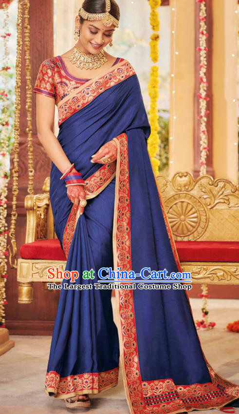 Asian Traditional Indian Festival Royalblue Silk Sari Dress India National Lehenga Bollywood Costumes for Women