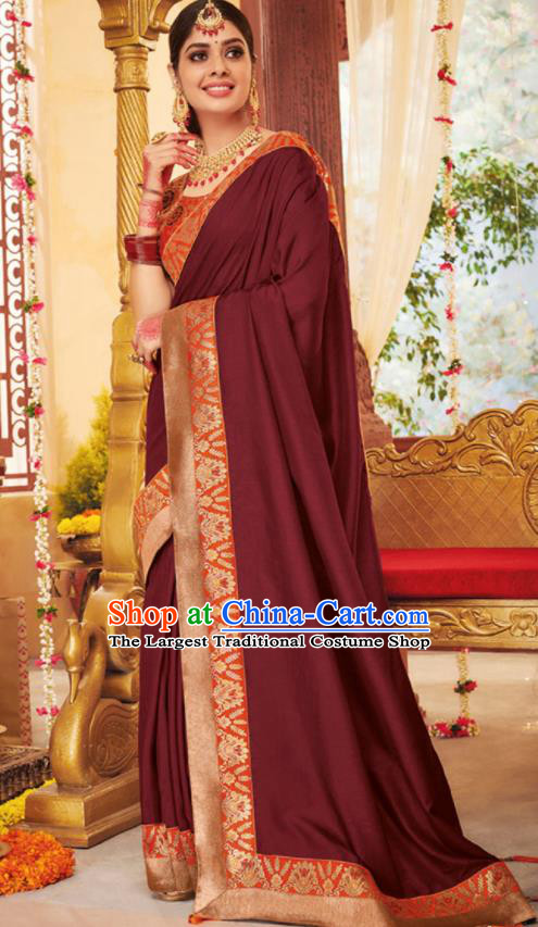 Asian Traditional Indian Festival Wine Red Silk Sari Dress India National Lehenga Bollywood Costumes for Women