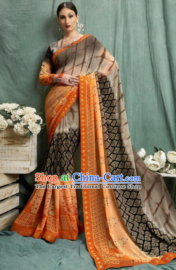 Asian Indian Bollywood Printing Brown Chiffon Sari Dress India Traditional Costumes for Women