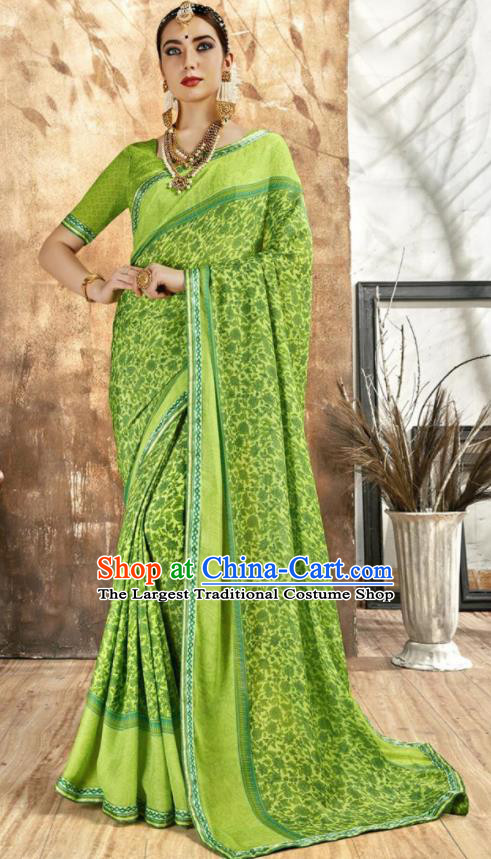 Asian Indian National Bollywood Printing Green Chiffon Sari Dress India Traditional Costumes for Women