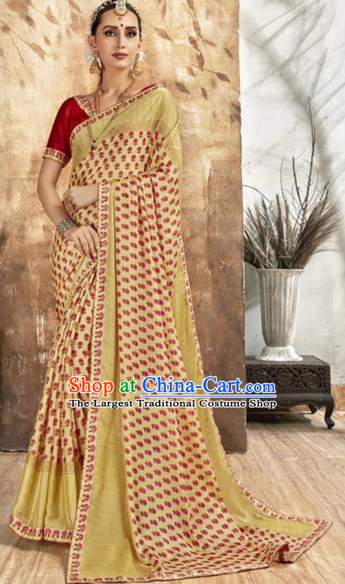 Asian Indian National Bollywood Printing Yellow Chiffon Sari Dress India Traditional Costumes for Women