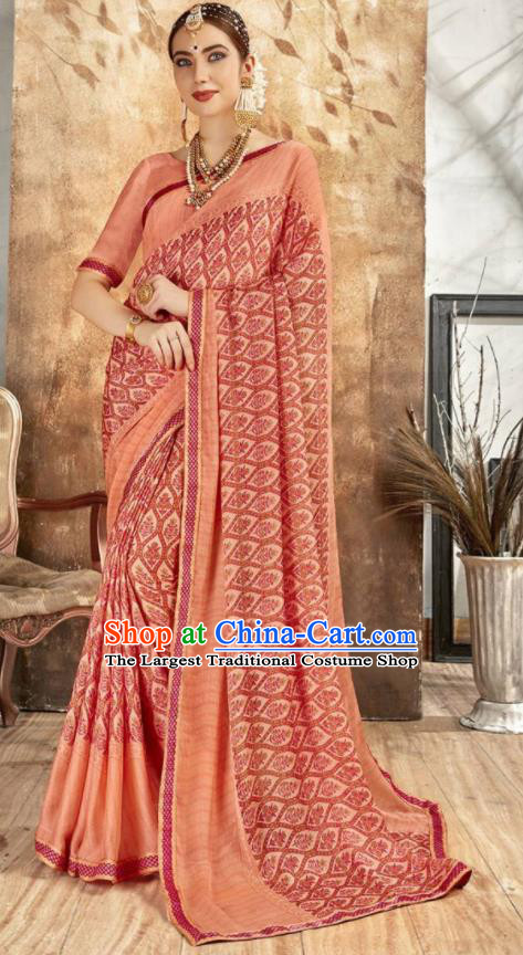 Asian Indian National Bollywood Printing Pink Chiffon Sari Dress India Traditional Costumes for Women