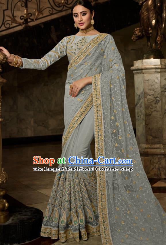 Asian Traditional Indian Court Embroidered Light Grey Silk Sari Dress India National Festival Bollywood Costumes for Women