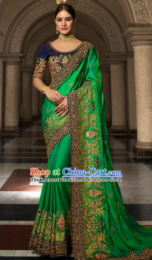 Asian Traditional Indian Court Embroidered Green Silk Sari Dress India National Festival Bollywood Costumes for Women