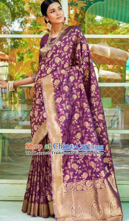 Asian Traditional Indian Court Queen Purple Silk Sari Dress India National Festival Bollywood Costumes for Women