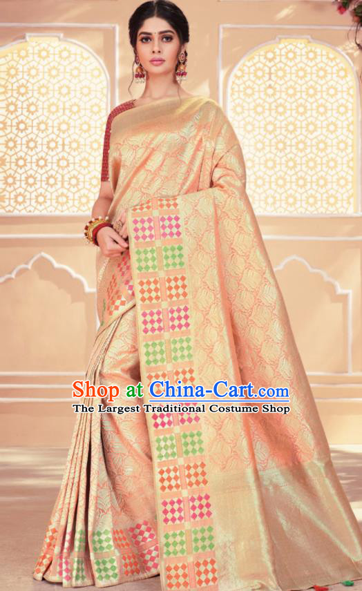 Asian Traditional Indian Light Pink Art Silk Sari Dress India National Festival Bollywood Costumes for Women