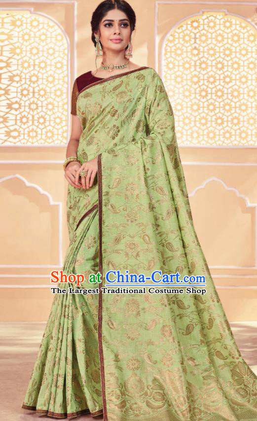 Asian Traditional Indian Light Green Art Silk Sari Dress India National Festival Bollywood Costumes for Women