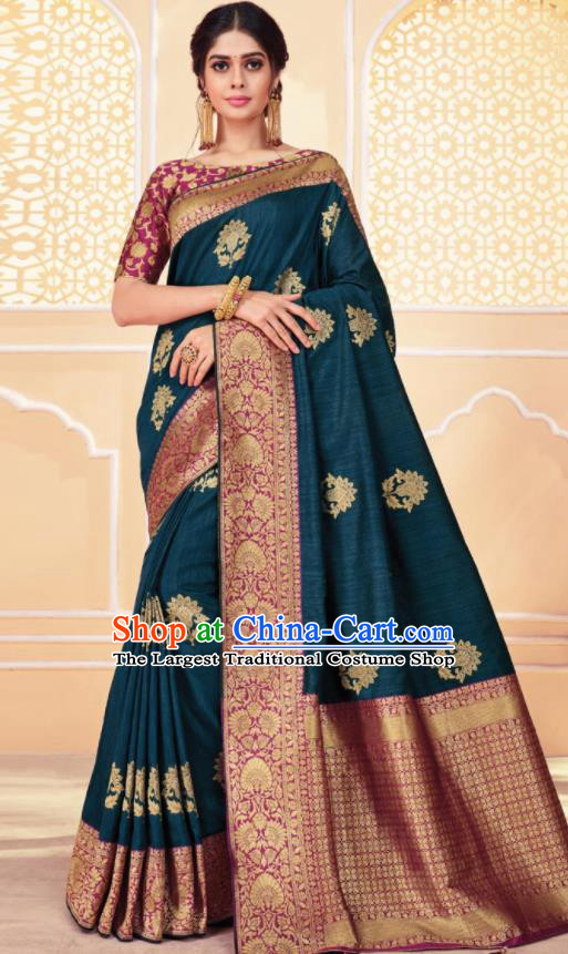 Asian Traditional Indian Navy Blue Art Silk Sari Dress India National Festival Bollywood Costumes for Women