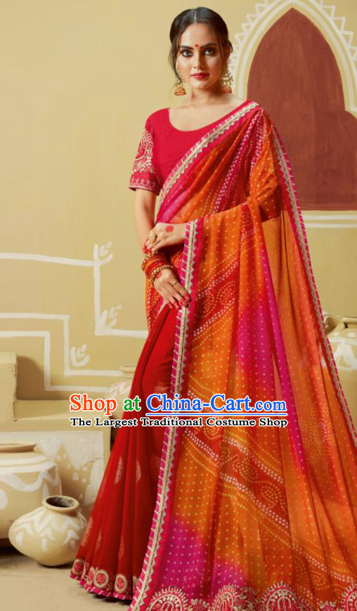 Traditional Indian Red Georgette Sari Dress Asian India National Festival Bollywood Costumes for Women