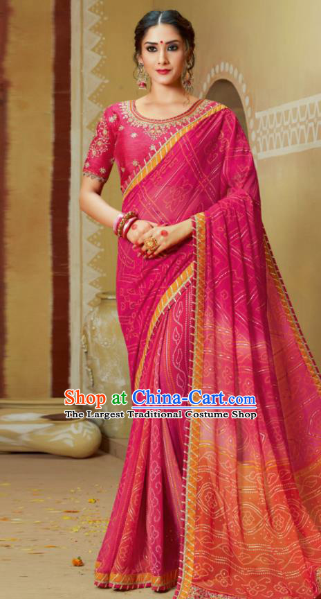 Traditional Indian Rosy Georgette Sari Dress Asian India National Festival Bollywood Costumes for Women