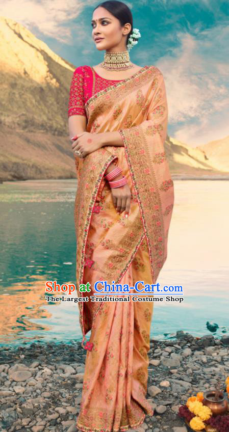 Traditional Indian Pink Silk Sari Dress Asian India National Festival Bollywood Costumes for Women