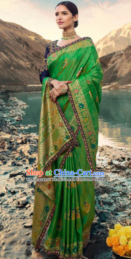 Traditional Indian Green Silk Sari Dress Asian India National Festival Bollywood Costumes for Women