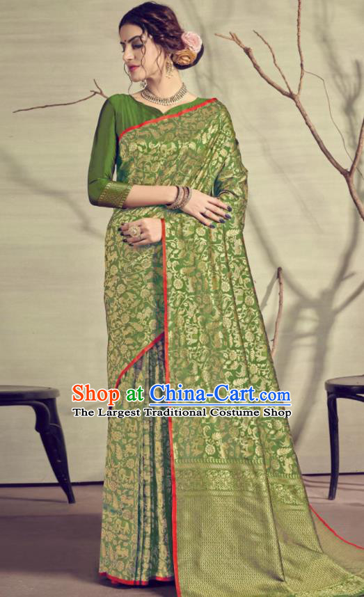 Traditional Indian Patrician Green Silk Sari Dress Asian India National Festival Bollywood Costumes for Women