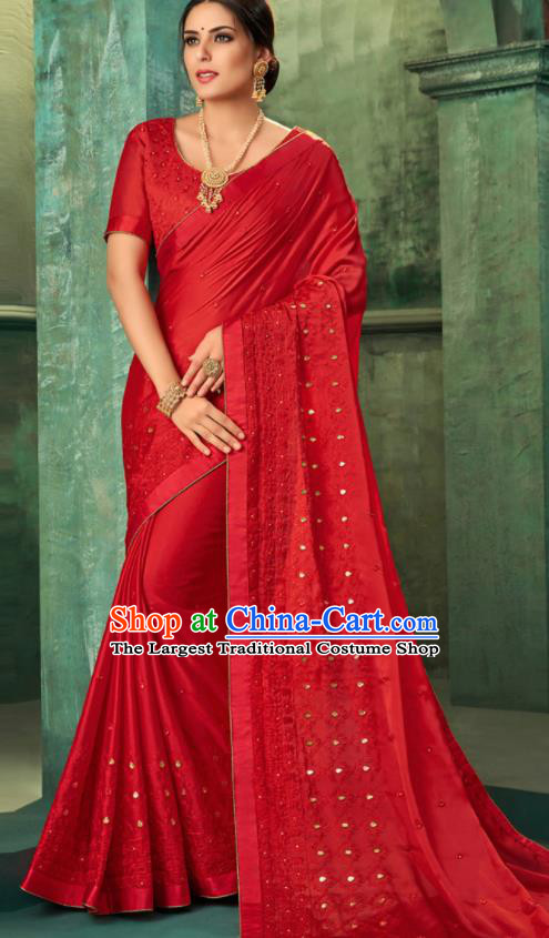 Indian Traditional Wedding Embroidered Red Sari Dress Asian India National Festival Costumes for Women