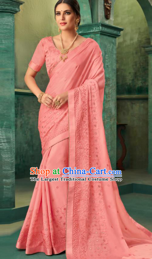 Indian Traditional Wedding Embroidered Pink Sari Dress Asian India National Festival Costumes for Women