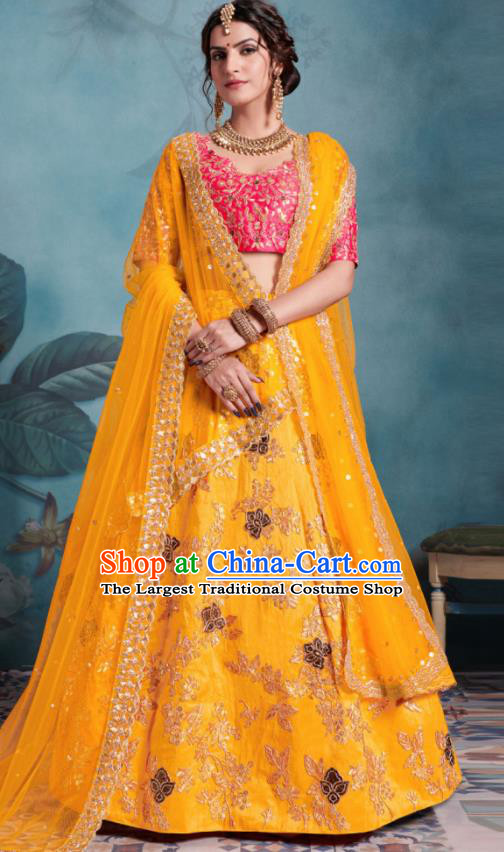 Indian Traditional Court Lehenga Bollywood Embroidered Yellow Dress Asian India National Festival Costumes for Women