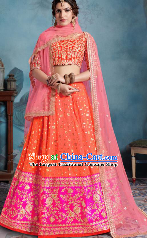 Indian Traditional Court Lehenga Bollywood Embroidered Orange Dress Asian India National Festival Costumes for Women