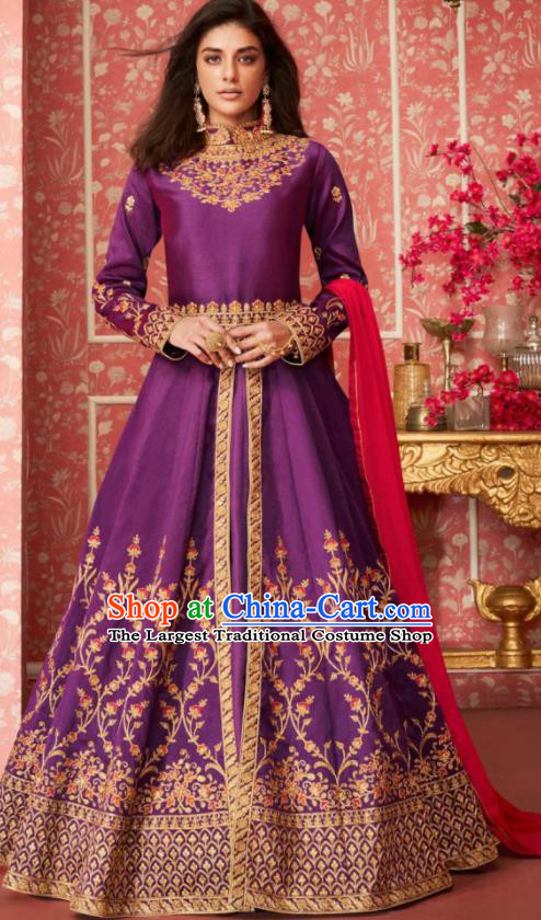 Indian Traditional Court Bollywood Embroidered Purple Silk Anarkaili Dress Asian India National Festival Costumes for Women