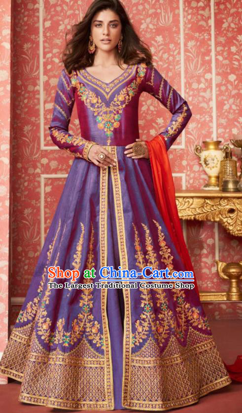 Indian Traditional Court Bollywood Embroidered Blue Silk Anarkaili Dress Asian India National Festival Costumes for Women