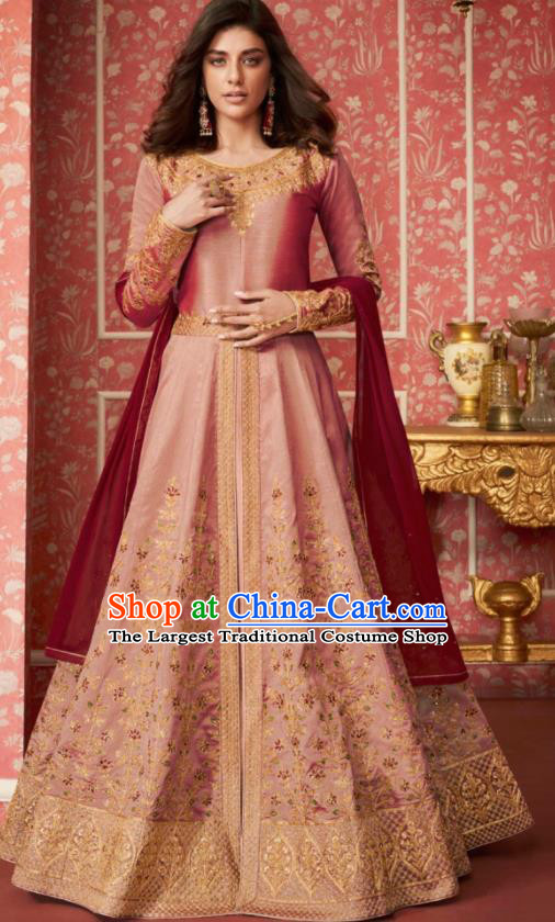 Indian Traditional Court Bollywood Embroidered Pink Silk Anarkaili Dress Asian India National Festival Costumes for Women