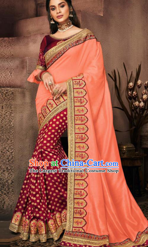 Indian Traditional Court Bollywood Pink Satin Sari Dress Asian India National Festival Costumes for Women