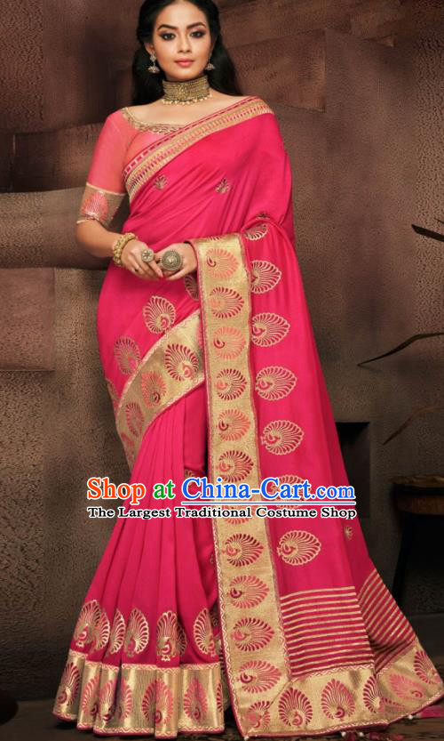 Indian Traditional Court Bollywood Rosy Satin Sari Dress Asian India National Festival Costumes for Women